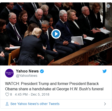 Twitter post by @YahooNews: WATCH  President Trump and former President Barack Obama share a handshake at George H.W. Bush's funeral 