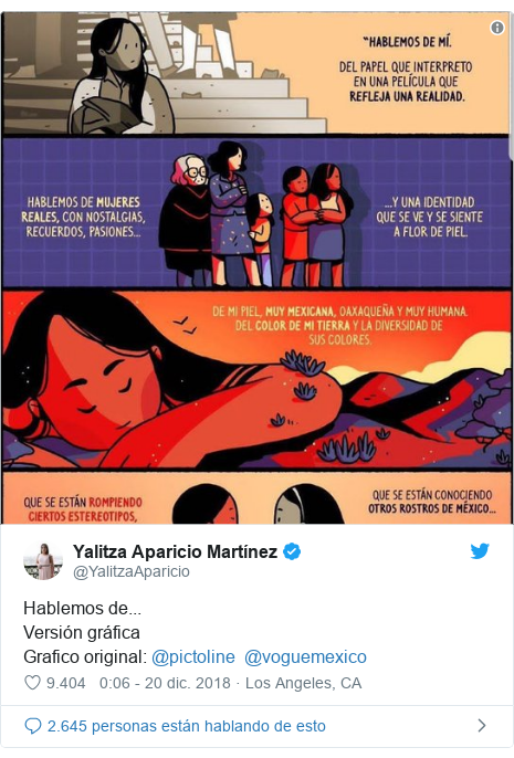 Publicación de Twitter por @YalitzaAparicio: Hablemos de...Versión gráficaGrafico original  @pictoline  @voguemexico 