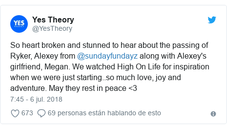 Publicación de Twitter por @YesTheory: So heart broken and stunned to hear about the passing of Ryker, Alexey from @sundayfundayz along with Alexey's girlfriend, Megan. We watched High On Life for inspiration when we were just starting..so much love, joy and adventure. May they rest in peace <3