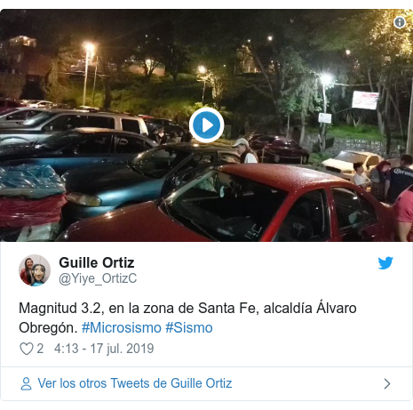 Publicación de Twitter por @Yiye_OrtizC: Magnitud 3.2, en la zona de Santa Fe, alcaldía Álvaro Obregón. #Microsismo #Sismo 