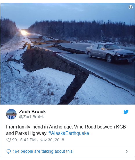 Twitter post by @ZachBruick: From family friend in Anchorage  Vine Road between KGB and Parks Highway. #AlaskaEarthquake