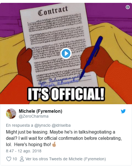 Publicación de Twitter por @ZeroCharisma: Might just be teasing. Maybe he's in talks/negotiating a deal? I will wait for official confirmation before celebrating, lol. Here's hoping tho!🤞🏽 