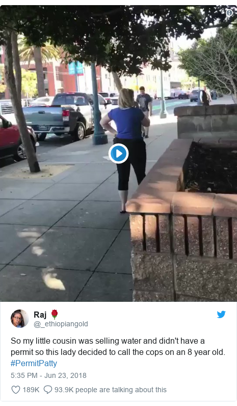 Twitter post by @_ethiopiangold: So my little cousin was selling water and didn't have a permit so this lady decided to call the cops on an 8 year old. #PermitPatty 