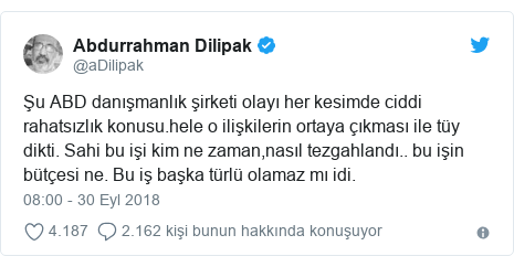 @aDilipak tarafından yapılan Twitter paylaşımı: Şu ABD danışmanlık şirketi olayı her kesimde ciddi rahatsızlık konusu.hele o ilişkilerin ortaya çıkması ile tüy dikti. Sahi bu işi kim ne zaman,nasıl tezgahlandı.. bu işin bütçesi ne. Bu iş başka türlü olamaz mı idi.