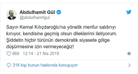 @abdulhamitgul tarafından yapılan Twitter paylaşımı: Sayın Kemal Kılıçdaroğlu'na yönelik menfur saldırıyı kınıyor, kendisine geçmiş olsun dileklerimi iletiyorum. Şiddetin hiçbir türünün demokratik siyasete gölge düşürmesine izin vermeyeceğiz!