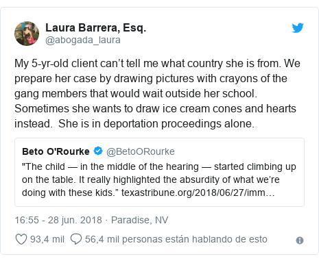 Publicación de Twitter por @abogada_laura: My 5-yr-old client can’t tell me what country she is from. We prepare her case by drawing pictures with crayons of the gang members that would wait outside her school. Sometimes she wants to draw ice cream cones and hearts instead. She is in deportation proceedings alone. 