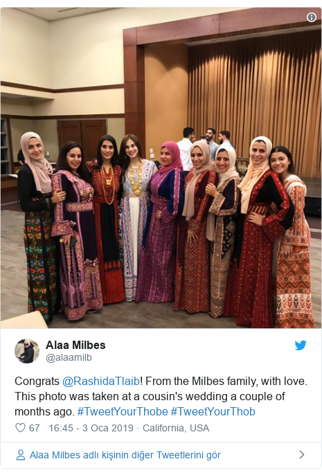 @alaamilb tarafından yapılan Twitter paylaşımı: Congrats @RashidaTlaib! From the Milbes family, with love. This photo was taken at a cousin's wedding a couple of months ago. #TweetYourThobe #TweetYourThob 