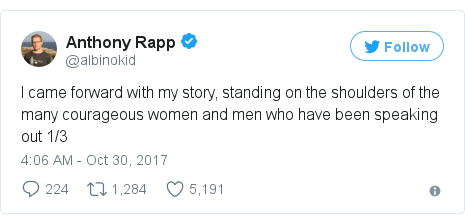 Twitter post by @albinokid: I came forward with my story, standing on the shoulders of the many courageous women and men who have been speaking out 1/3