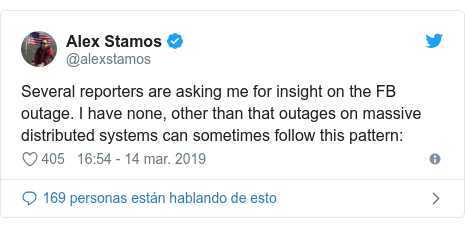 Publicación de Twitter por @alexstamos: Several reporters are asking me for insight on the FB outage. I have none, other than that outages on massive distributed systems can sometimes follow this pattern 