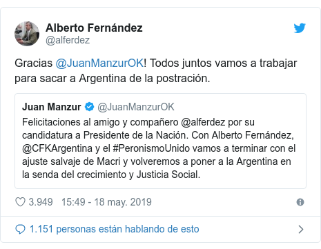 Publicación de Twitter por @alferdez: Gracias @JuanManzurOK! Todos juntos vamos a trabajar para sacar a Argentina de la postración. 