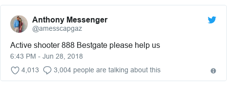Twitter post by @amesscapgaz: Active shooter 888 Bestgate please help us