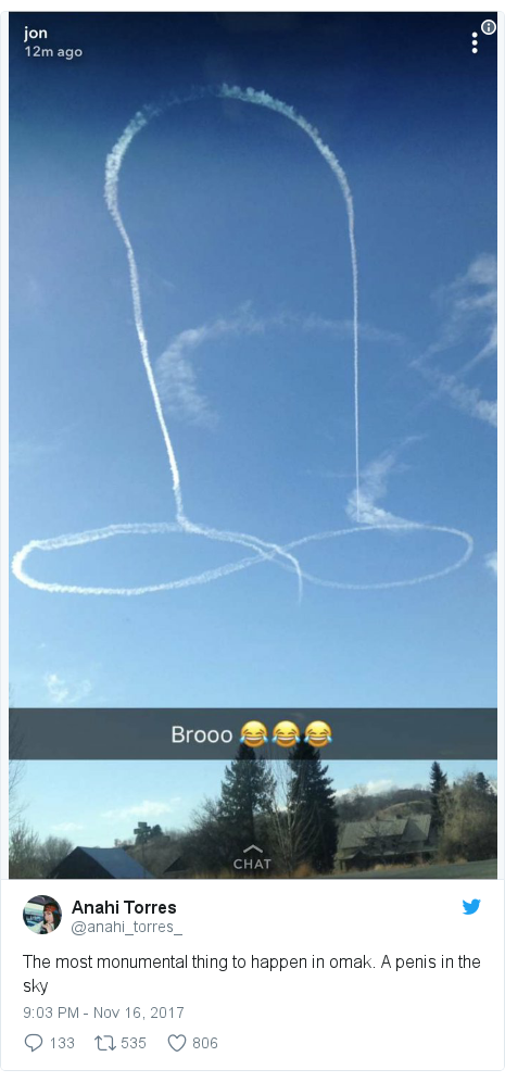Twitter post by @anahi_torres_: The most monumental thing to happen in omak. A penis in the sky 