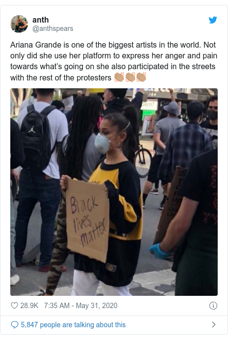 Twitter post by @anthspears: Ariana Grande is one of the biggest artists in the world. Not only did she use her platform to express her anger and pain towards what’s going on she also participated in the streets with the rest of the protesters 👏🏽👏🏽👏🏽 
