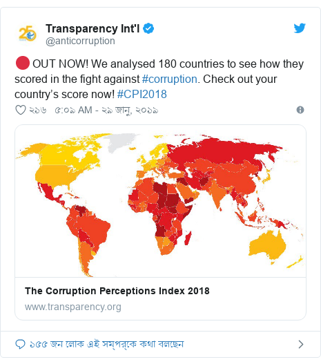 @anticorruption এর টুইটার পোস্ট: 🔴 OUT NOW! We analysed 180 countries to see how they scored in the fight against #corruption. Check out your country’s score now! #CPI2018
