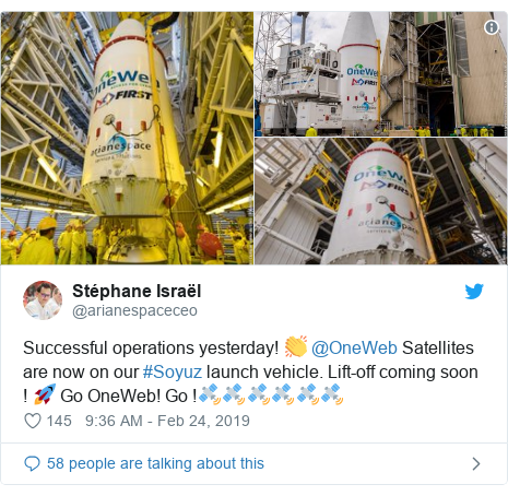 Twitter post by @arianespaceceo: Successful operations yesterday! 👏 @OneWeb Satellites are now on our #Soyuz launch vehicle. Lift-off coming soon ! 🚀 Go OneWeb! Go !🛰🛰🛰🛰🛰🛰 