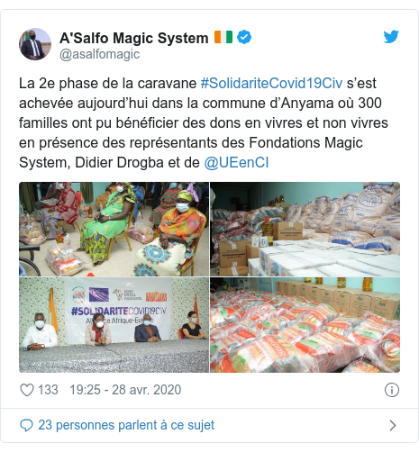 Twitter publication par @asalfomagic: La 2e phase de la caravane #SolidariteCovid19Civ s’est achevée aujourd’hui dans la commune d’Anyama où 300 familles ont pu bénéficier des dons en vivres et non vivres en présence des représentants des Fondations Magic System, Didier Drogba et de @UEenCI 