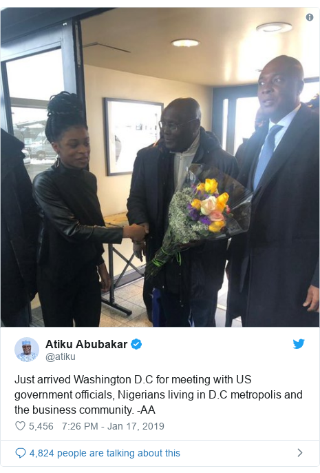 Twitter wallafa daga @atiku: Just arrived Washington D.C for meeting with US government officials, Nigerians living in D.C metropolis and the business community. -AA 