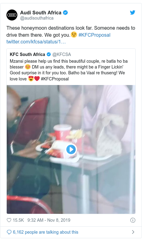 Twitter post by @audisouthafrica: These honeymoon destinations look far. Someone needs to drive them there. We got you.😉 #KFCProposal 