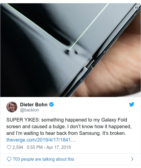 @backlon tərəfindən edilən Twitter paylaşımı: SUPER YIKES  something happened to my Galaxy Fold screen and caused a bulge. I don’t know how it happened, and I’m waiting to hear back from Samsung. It’s broken.  