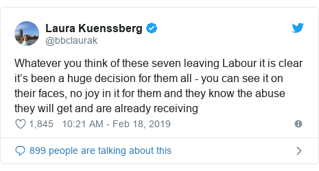 Twitter post by @bbclaurak: Whatever you think of these seven leaving Labour it is clear it’s been a huge decision for them all - you can see it on their faces, no joy in it for them and they know the abuse they will get and are already receiving