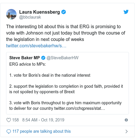 Twitter post by @bbclaurak: The interesting bit about this is that ERG is promising to vote with Johnson not just today but through the course of the legislation in next couple of weeks 