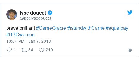 Twitter post by @bbclysedoucet: brave brilliant #CarrieGracie #istandwithCarrie #equalpay #BBCwomen