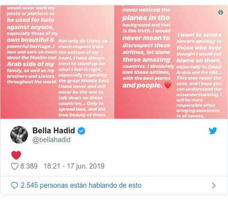 Publicación de Twitter por @bellahadid: ❤️ 