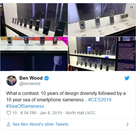 Twitter post by @benwood: What a contrast. 10 years of design diversity followed by a 10 year sea of smartphone sameness... #CES2019 #SeaOfSameness 