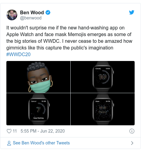 Twitter post by @benwood: It wouldn't surprise me if the new hand-washing app on Apple Watch and face mask Memojis emerges as some of the big stories of WWDC. I never cease to be amazed how gimmicks like this capture the public's imagination #WWDC20 