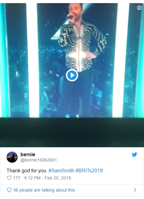 Twitter post by @bernie16062601: Thank god for you. #SamSmith #BRITs2019 
