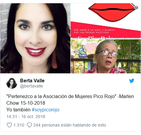 Publicación de Twitter por @bertavalle: "Pertenezco a la Asociación de Mujeres Pico Rojo" -Marlen Chow 15-10-2018Yo también #soypicorojo 