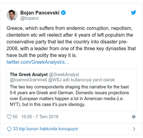 @bopanc tarafından yapılan Twitter paylaşımı: Greece, which suffers from endemic corruption, nepotism, clientelism etc will reelect after 4 years of left populism the conservative party that led the country into disaster pre-2008, with a leader from one of the three key dynasties that have built the polity the way it is. 