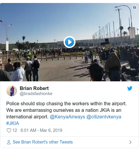 Twitter ubutumwa bwa @bradsfashionke: Police should stop chasing the workers within the airport. We are embarrassing ourselves as a nation JKIA is an international airport. @KenyaAirways @citizentvkenya #JKIA 