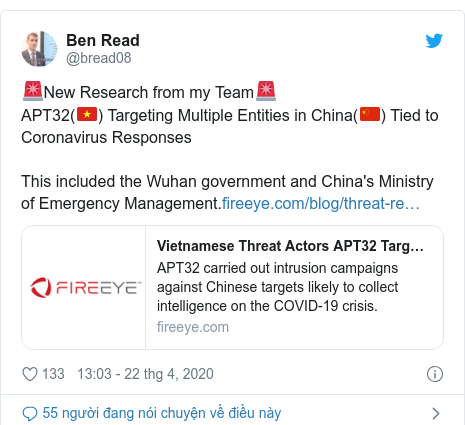 Twitter bởi @bread08: 🚨New Research from my Team🚨APT32(🇻🇳) Targeting Multiple Entities in China(🇨🇳) Tied to Coronavirus ResponsesThis included the Wuhan government and China's Ministry of Emergency Management.