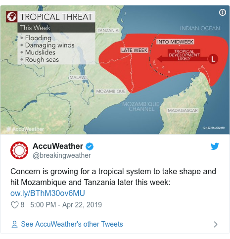 Ujumbe wa Twitter wa @breakingweather: Concern is growing for a tropical system to take shape and hit Mozambique and Tanzania later this week   