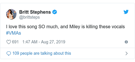 Twitter post by @brittsteps: I love this song SO much, and Miley is killing these vocals #VMAs