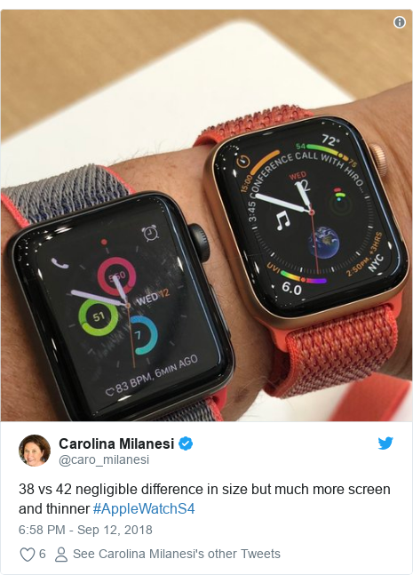 Twitter post by @caro_milanesi: 38 vs 42 negligible difference in size but much more screen and thinner #AppleWatchS4 