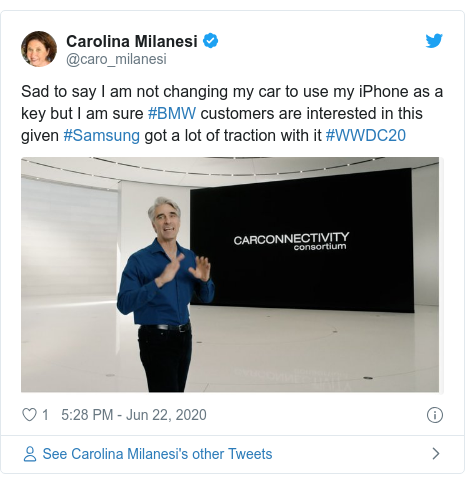 Twitter post by @caro_milanesi: Sad to say I am not changing my car to use my iPhone as a key but I am sure #BMW customers are interested in this given #Samsung got a lot of traction with it #WWDC20 