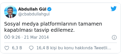 @cbabdullahgul tarafından yapılan Twitter paylaşımı: Sosyal medya platformlarının tamamen kapatılması tasvip edilemez.