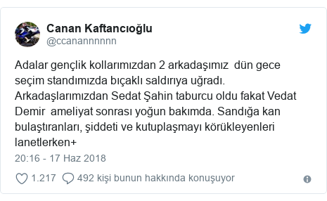 @ccanannnnnn tarafÄ±ndan yapÄ±lan Twitter paylaÅÄ±mÄ±: Adalar genÃ§lik kollarÄ±mÄ±zdan 2 arkadaÅÄ±mÄ±z  dÃ¼n gece seÃ§im standÄ±mÄ±zda bÄ±Ã§aklÄ± saldÄ±rÄ±ya uÄradÄ±. ArkadaÅlarÄ±mÄ±zdan Sedat Åahin taburcu oldu fakat Vedat Demir  ameliyat sonrasÄ± yoÄun bakÄ±mda. SandÄ±Äa kan bulaÅtÄ±ranlarÄ±, Åiddeti ve kutuplaÅmayÄ± kÃ¶rÃ¼kleyenleri lanetlerken+