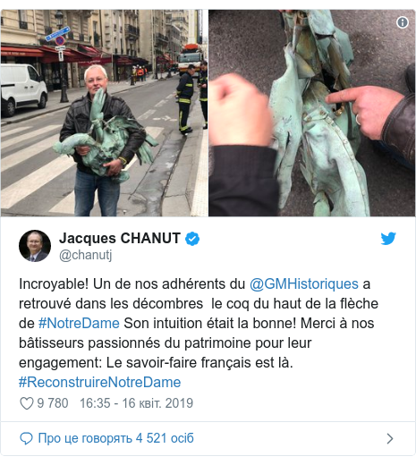 Twitter допис, автор: @chanutj: Incroyable! Un de nos adhérents du @GMHistoriques a retrouvé dans les décombres  le coq du haut de la flèche de #NotreDame Son intuition était la bonne! Merci à nos bâtisseurs passionnés du patrimoine pour leur engagement  Le savoir-faire français est là. #ReconstruireNotreDame 