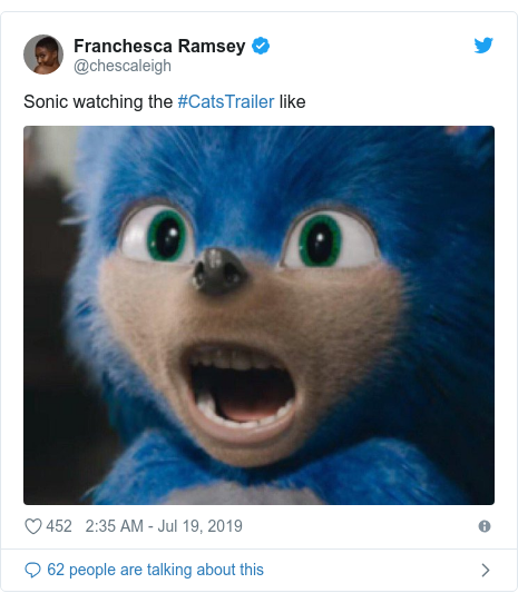 Twitter post by @chescaleigh: Sonic watching the #CatsTrailer like 
