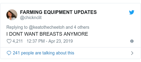 Twitter post by @chicknclit: I DONT WANT BREASTS ANYMORE
