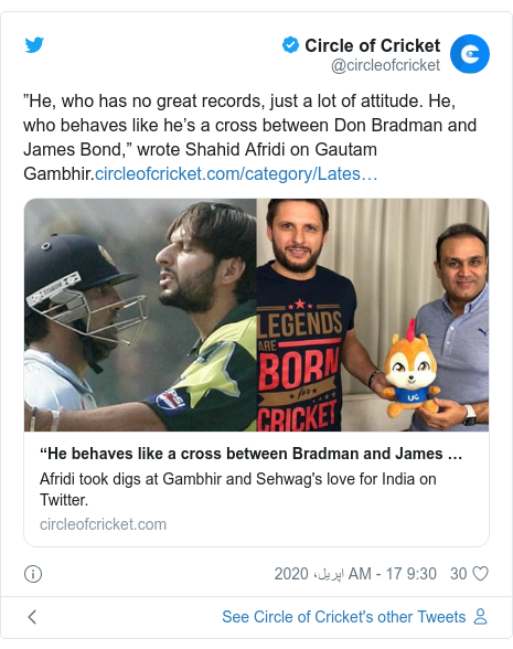ٹوئٹر پوسٹس @circleofcricket کے حساب سے: ”He, who has no great records, just a lot of attitude. He, who behaves like he’s a cross between Don Bradman and James Bond,” wrote Shahid Afridi on Gautam Gambhir.