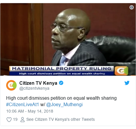 Ujumbe wa Twitter wa @citizentvkenya: High court dismisses petition on equal wealth sharing #CitizenLiveAt1 w/ @Joey_Muthengi 