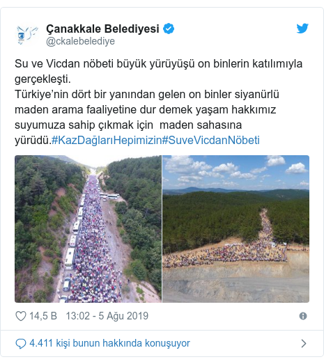 @ckalebelediye tarafından yapılan Twitter paylaşımı: Su ve Vicdan nöbeti büyük yürüyüşü on binlerin katılımıyla gerçekleşti.Türkiye´nin dört bir yanından gelen on binler siyanürlü maden arama faaliyetine dur demek yaşam hakkımız suyumuza sahip çıkmak için  maden sahasına yürüdü.#KazDağlarıHepimizin#SuveVicdanNöbeti 