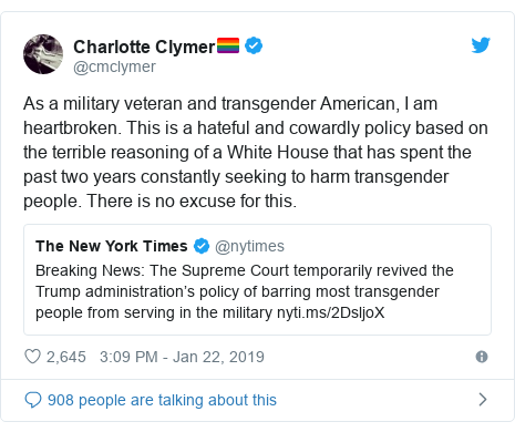 Twitter post by @cmclymer: As a military veteran and transgender American, I am heartbroken. This is a hateful and cowardly policy based on the terrible reasoning of a White House that has spent the past two years constantly seeking to harm transgender people. There is no excuse for this. 