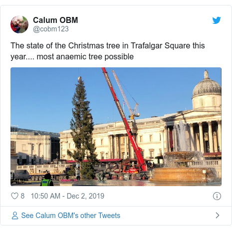 Twitter post by cobm123 The state of the Christmas tree in Trafalgar Square this year most anaemic tree possible