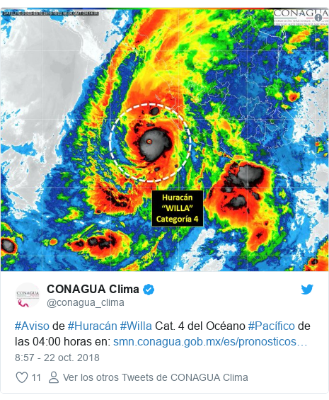 Publicación de Twitter por @conagua_clima: #Aviso de #Huracán #Willa Cat. 4 del Océano #Pacífico de las 04 00 horas en 