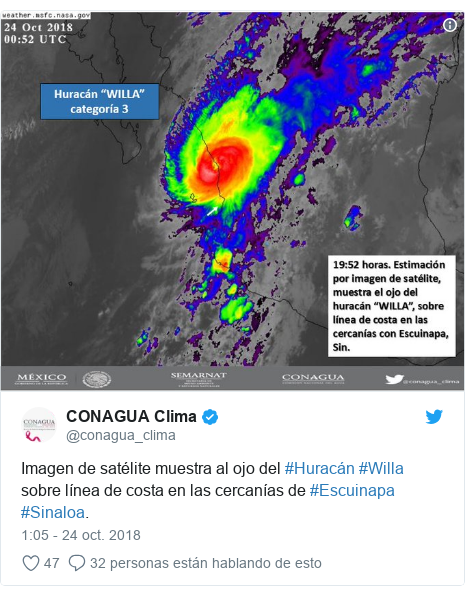 Publicación de Twitter por @conagua_clima: Imagen de satélite muestra al ojo del #Huracán #Willa sobre línea de costa en las cercanías de #Escuinapa #Sinaloa. 